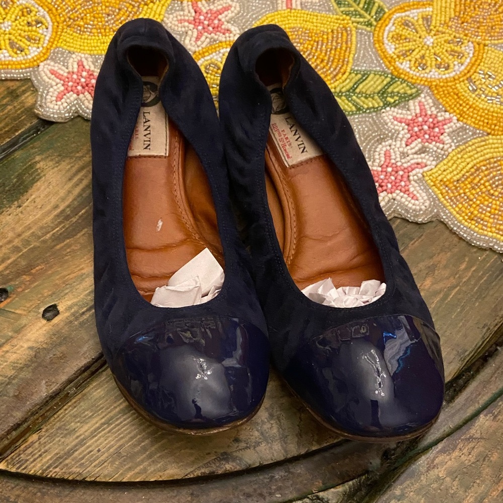 Lanvin The Ballerina Flat In Two Tone Blue Suede & Patent Leather